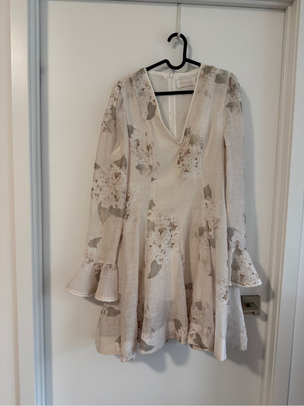 Zimmermann Ivory Floral V-Neck Bell-Sleeve Dress